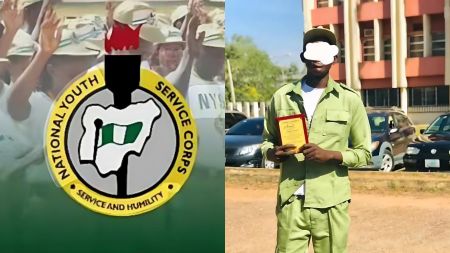 Left: The official NYSC emblem displayed over a blurred background of corps members raising their hands during a parade. Right: A male NYSC corps member dressed in full khaki uniform holding a certificate outdoors, with his face digitally blurred for privacy while standing in front of a building and parked cars.