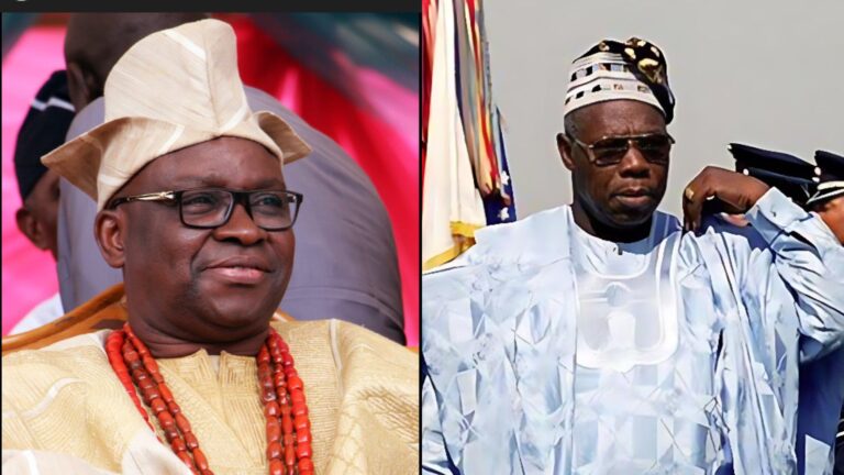 Split image showing two older men in traditional Nigerian attire. The man on the left wears a cream agbada, matching cap and coral beads, while the man on the right wears a light-blue agbada, patterned cap and dark glasses.
