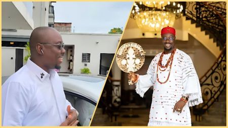 Side-by-side collage of Obi Cubana. Left image shows him in a white shirt and sunglasses, smiling beside a car in front of a modern house. Right image shows him indoors in full traditional Igbo attire, holding a decorated fan and standing on a grand staircase.