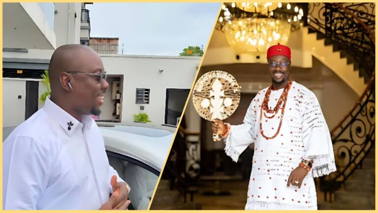 Side-by-side collage of Obi Cubana. Left image shows him in a white shirt and sunglasses, smiling beside a car in front of a modern house. Right image shows him indoors in full traditional Igbo attire, holding a decorated fan and standing on a grand staircase.