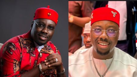 Side-by-side photos of Nigerian businessman Obi Cubana wearing a red traditional cap in both images; in the left photo he poses in a patterned red outfit, and in the right photo he smiles while dressed in a white attire at an event.