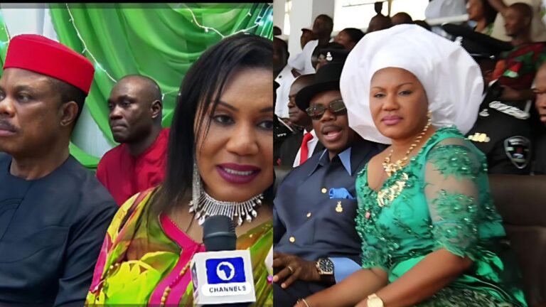 A collage showing former Anambra governor Willie Obiano seated at public events, alongside his wife, Ebelechukwu Obiano, who appears in different outfits including a green lace dress and a multicoloured gown while speaking into a Channels Television microphone.