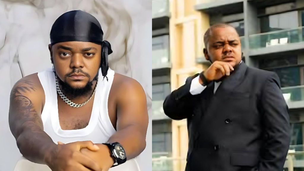 Side-by-side photos of late Nollywood actor Odira Nwobu; one shows him in a white vest and durag, the other shows him in a black suit posing outdoors