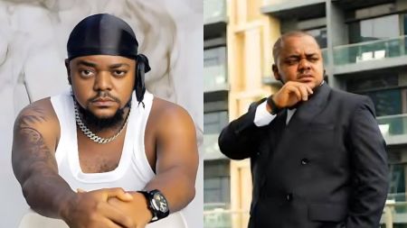 Side-by-side photos of late Nollywood actor Odira Nwobu; one shows him in a white vest and durag, the other shows him in a black suit posing outdoors