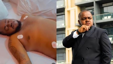 A side-by-side collage showing the late Nollywood actor Odira Nwobu. The left image shows him lying on a bed with medical electrode patches on his chest, while the right image shows him standing outdoors in a black suit, posing confidently in front of a modern building.