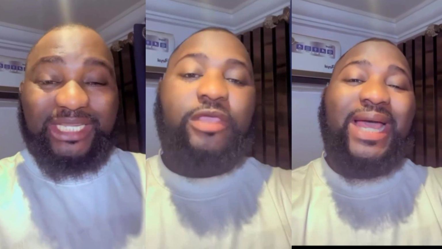A collage of three close-up shots showing Odogwu Asaba speaking in a video, with indoor lighting and a neutral background.