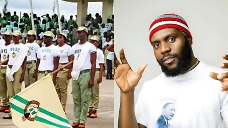 NYSC corps members standing in formation during parade, placed beside a portrait-style image of rapper Odumodublvck posing in a white shirt and red cap.