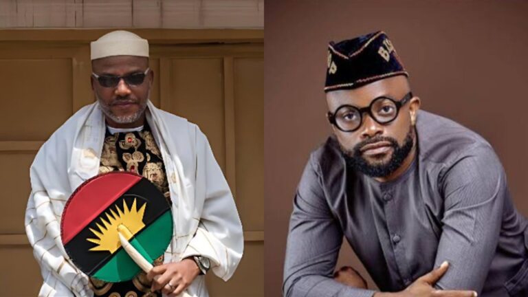 Side-by-side photos showing Nnamdi Kanu dressed in traditional attire while holding a circular fan with Biafra colours on the left, and actor Okon Lagos wearing glasses and a traditional cap posed against a brown backdrop on the right.
