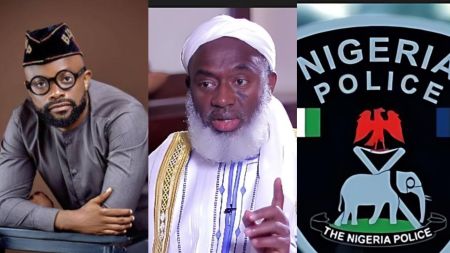 A three-panel collage showing actor Okon Lagos on the left, Sheikh Ahmad Gumi in the middle speaking with a raised finger, and the Nigeria Police Force emblem on the right.
