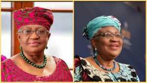 Side-by-side portraits of Dr. Ngozi Okonjo-Iweala wearing two different colourful traditional outfits and headwraps, looking ahead and smiling calmly in both photos.
