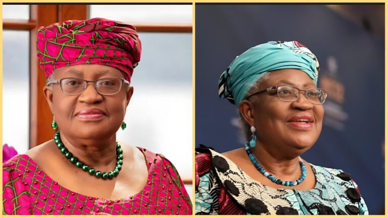 Side-by-side portraits of Dr. Ngozi Okonjo-Iweala wearing two different colourful traditional outfits and headwraps, looking ahead and smiling calmly in both photos.