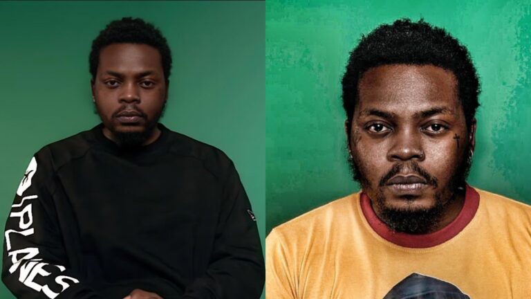 Side-by-side photos of Nigerian artist Olamide facing the camera against a green background, wearing a black sweatshirt in the first image and a yellow T-shirt in the second.