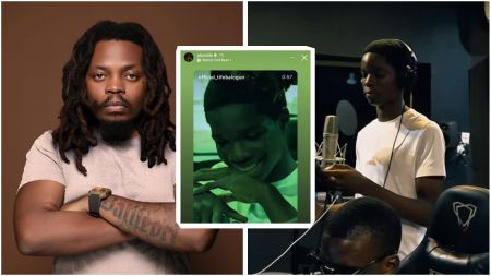 Side-by-side collage showing Nigerian rapper Olamide with folded arms, and Wizkid’s son Boluwatife “Champz” Balogun in two frames — one from Olamide’s Instagram Story and another of him recording in a music studio.