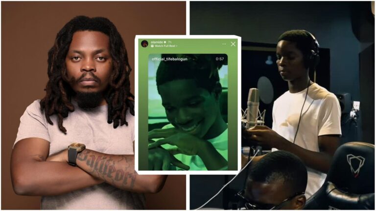 Side-by-side collage showing Nigerian rapper Olamide with folded arms, and Wizkid’s son Boluwatife “Champz” Balogun in two frames — one from Olamide’s Instagram Story and another of him recording in a music studio.