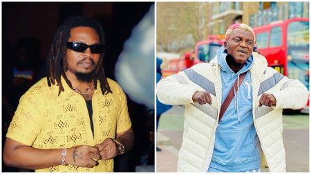 Side-by-side photo showing Olamide wearing a yellow lace shirt and sunglasses on the left, and Portable in a white padded jacket and blue hoodie posing outdoors on the right.