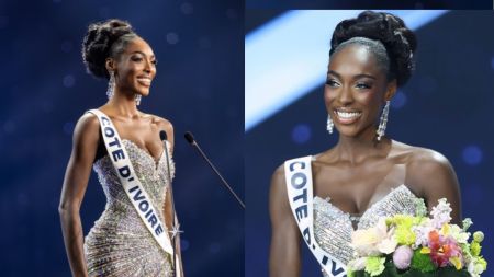 Side-by-side photos of Olivia Yacé on the Miss Universe 2025 stage. In both images she wears a sparkling silver evening gown and the “Côte d’Ivoire” sash. She smiles brightly while standing at the microphone in one photo, and holds a bouquet of flowers in the other.