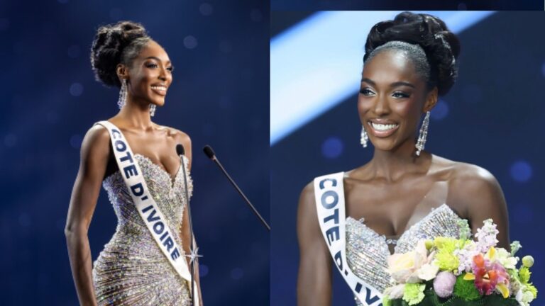 Side-by-side photos of Olivia Yacé on the Miss Universe 2025 stage. In both images she wears a sparkling silver evening gown and the “Côte d’Ivoire” sash. She smiles brightly while standing at the microphone in one photo, and holds a bouquet of flowers in the other.