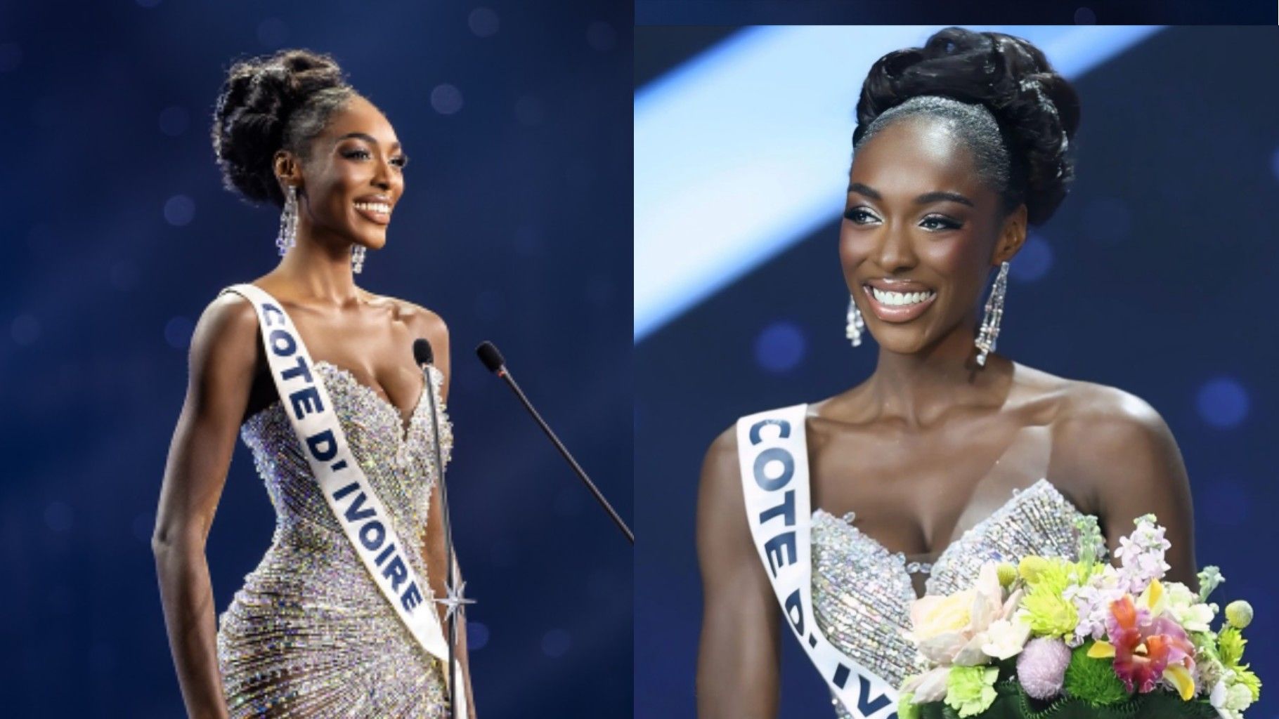 Side-by-side photos of Olivia Yacé on the Miss Universe 2025 stage. In both images she wears a sparkling silver evening gown and the “Côte d’Ivoire” sash. She smiles brightly while standing at the microphone in one photo, and holds a bouquet of flowers in the other.