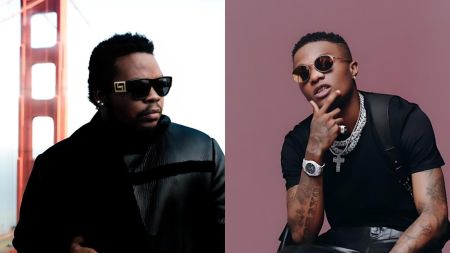 Side-by-side photo of Nigerian artists Olamide and Wizkid; Olamide wears dark sunglasses and a black leather jacket with the Golden Gate Bridge blurred behind him, while Wizkid poses in a black outfit with layered chains, sunglasses, and tattoos against a plain studio background.