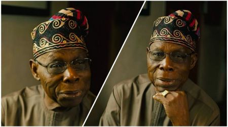 Side-by-side portraits of former Nigerian President Olusegun Obasanjo wearing glasses and a patterned Yoruba cap, looking calmly toward the camera in warm indoor lighting.