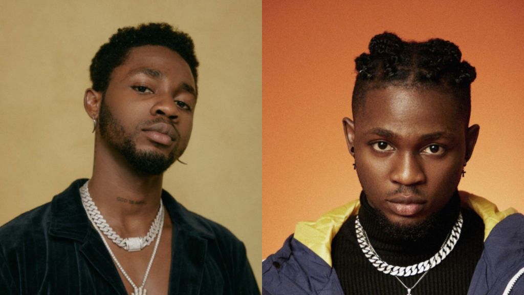 Two side-by-side portrait photos of Nigerian singer Omah Lay. In the left image, he faces the camera with a slight tilt, wearing layered silver chains and a dark jacket. In the right image, he looks directly at the camera against an orange background, wearing a black turtleneck and a jacket with a yellow lining.
