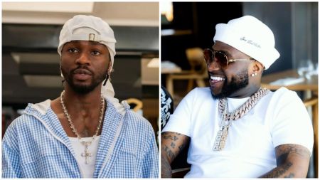 Side-by-side photos of Nigerian singers Omah Lay and Davido; Omah Lay wears a blue checkered shirt and white durag, while Davido smiles in white outfit, sunglasses, and diamond chains.
