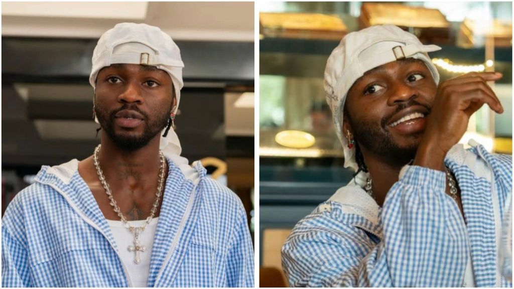 Nigerian singer Omah Lay wearing a white cap and blue checkered jacket in a candid indoor moment, looking calm in one photo and smiling in the other.