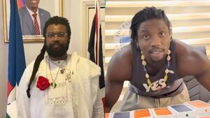 Side-by-side photos of Nigerian filmmaker Onyeka Nwelue wearing traditional white attire with a red flower pinned on his chest, and social media personality VeryDarkMan leaning over a table displaying several iPhone boxes.