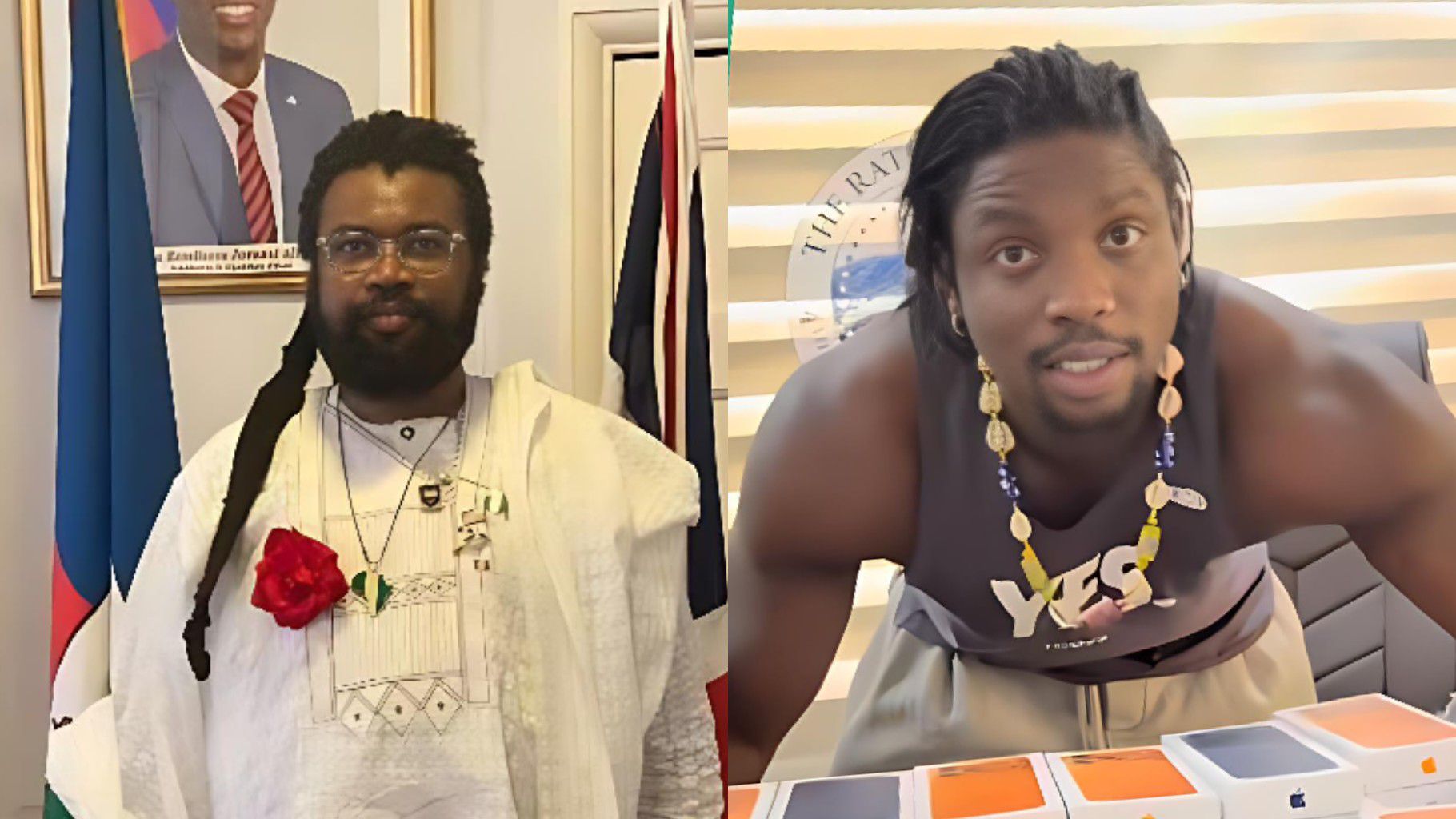 Side-by-side photos of Nigerian filmmaker Onyeka Nwelue wearing traditional white attire with a red flower pinned on his chest, and social media personality VeryDarkMan leaning over a table displaying several iPhone boxes.