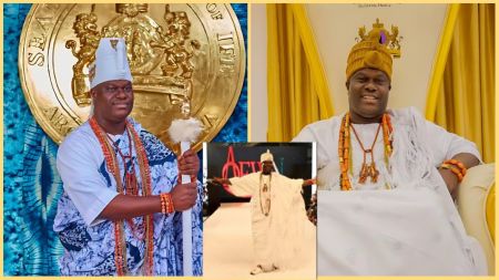 Collage showing the Ooni of Ife in traditional white attire and beaded regalia, including a staff, crown, and royal beads, with a smaller centre image of him walking on a fashion runway.