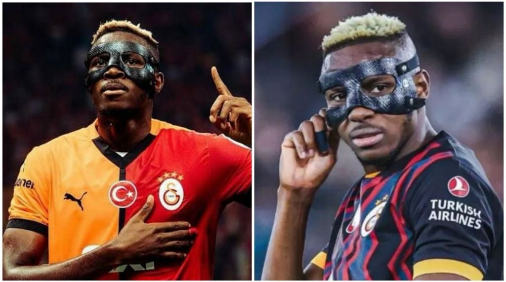 Side-by-side photos of Victor Osimhen wearing his black protective face mask during matches for Galatasaray; in the first image he places a hand on his chest, and in the second he adjusts the mask while looking toward the camera.