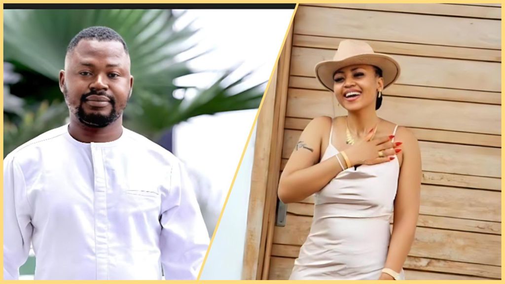 Side-by-side photo of Ossai Ovie Success in a white outfit and Regina Daniels smiling in a sleeveless dress and hat.