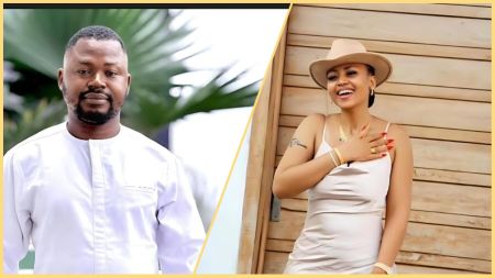 Side-by-side photo of Ossai Ovie Success in a white outfit and Regina Daniels smiling in a sleeveless dress and hat.