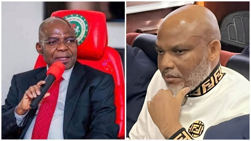 A side-by-side photo showing Governor Alex Otti speaking into a microphone on the left, and Nnamdi Kanu seated and resting his hand on his chin on the right.
