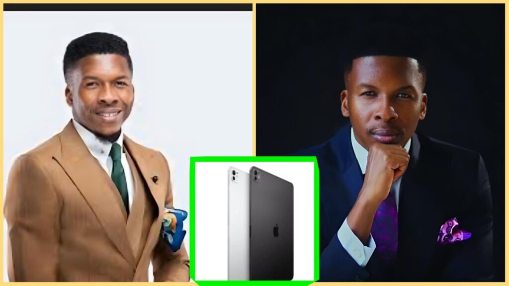 Side-by-side photos of Pastor Emmanuel Iren in formal suits, with an image of two iPads placed between the photos.