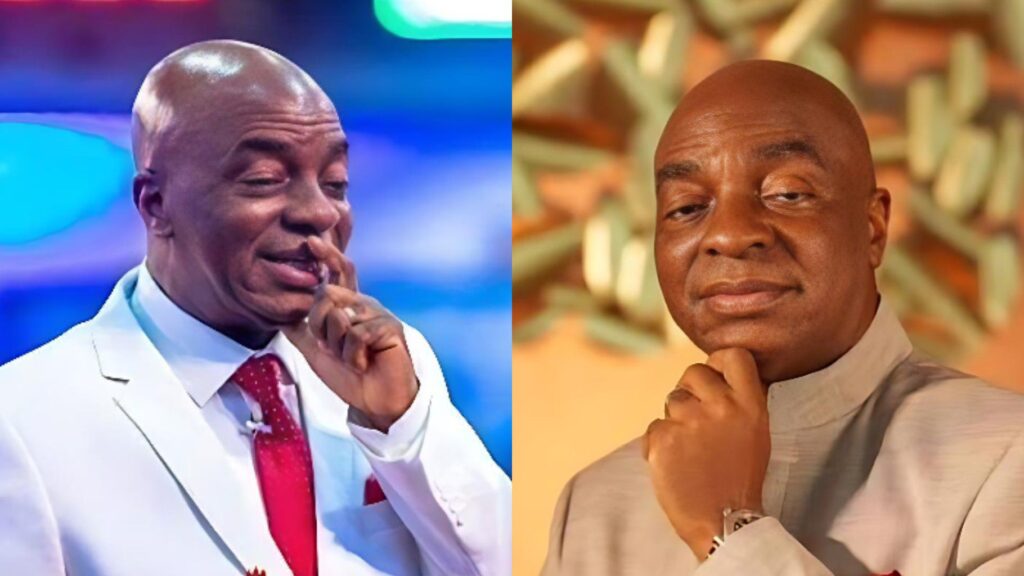 Side-by-side photos of Pastor David Oyedepo; the left image shows him wearing a white suit with a red tie while gesturing with his finger near his face, and the right image shows him in a light-coloured outfit resting his chin on his hand.