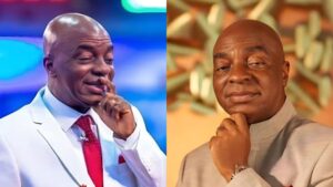 Side-by-side photos of Pastor David Oyedepo; the left image shows him wearing a white suit with a red tie while gesturing with his finger near his face, and the right image shows him in a light-coloured outfit resting his chin on his hand.
