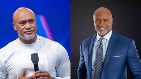 Side-by-side photos of Pastor Paul Adefarasin; the left image shows him speaking on stage while holding a microphone, and the right image shows him smiling in a blue suit against a dark background.