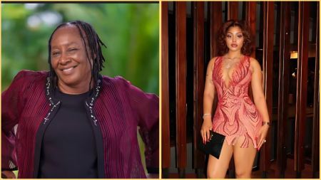 Side-by-side photo of veteran Nollywood actress Patience Ozokwor smiling in a burgundy outfit, and Regina Daniels posing in a sleeveless pink mini dress.