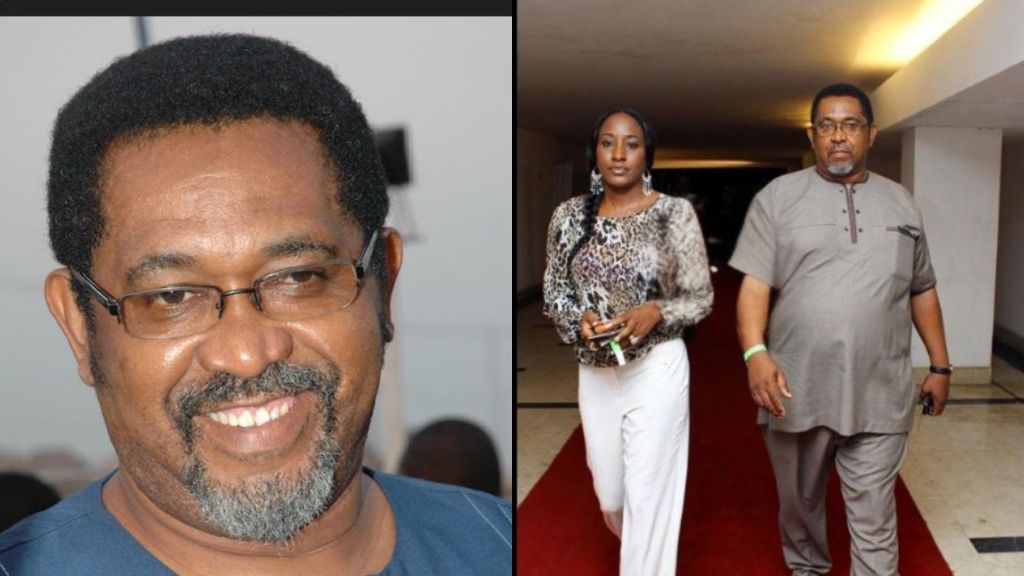 A close-up photo of veteran Nigerian actor Patrick Doyle smiling while wearing glasses. Right: Patrick Doyle and his ex-wife, actress Ireti Doyle, walking together on a red carpet; she is dressed in a leopard-print top and white trousers, while he wears a grey native outfit.