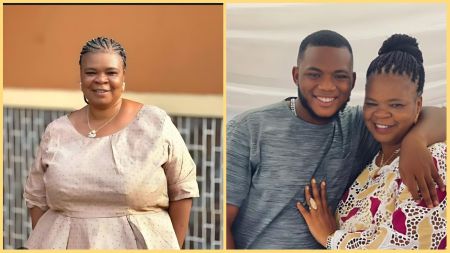 Side-by-side collage showing Nollywood actress Peju Ogunmola. The left frame features her smiling in a peach dress, standing outdoors. The right frame shows her posing happily with her late son, who has his arm around her shoulder.