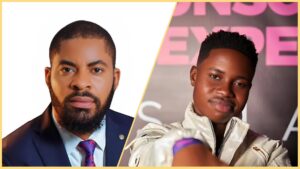 Side-by-side photo collage showing Nigerian lawyer and activist Deji Adeyanju on the left, dressed in a suit and tie, and young TikTok content creator Peller on the right, wearing a light jacket and posing against an event backdrop.