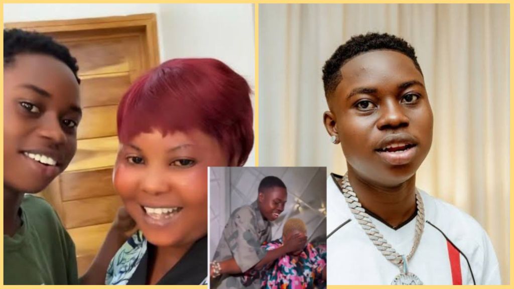 A collage showing TikToker Peller smiling beside his mother in a selfie, another photo of him covering her eyes during a surprise moment, and a separate portrait of Peller wearing a white outfit and chain.