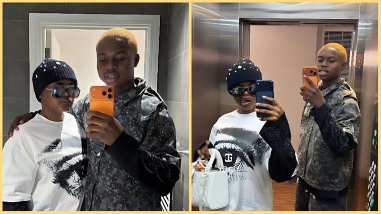 Side-by-side mirror selfies of TikTok creators Peller and Jarvis wearing coordinated streetwear outfits; Jarvis in a beanie, sunglasses and white graphic shirt, Peller in a patterned hoodie, both holding phones.