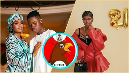 Split image showing TikTokers Jarvis and Peller posing together on the left, Jarvis in a solo birthday-themed photo on the right, and the EFCC logo placed in the centre.