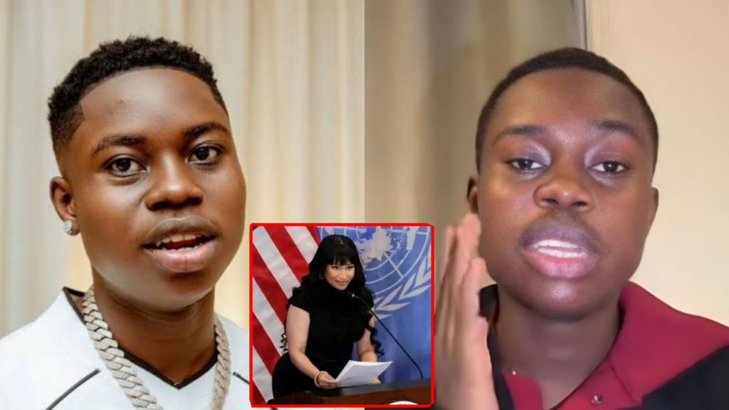 A collage showing Nigerian comedian Peller on the left, Peller speaking in a video on the right, and a small inset image at the center featuring a woman at a podium with USA and UN flags behind her.