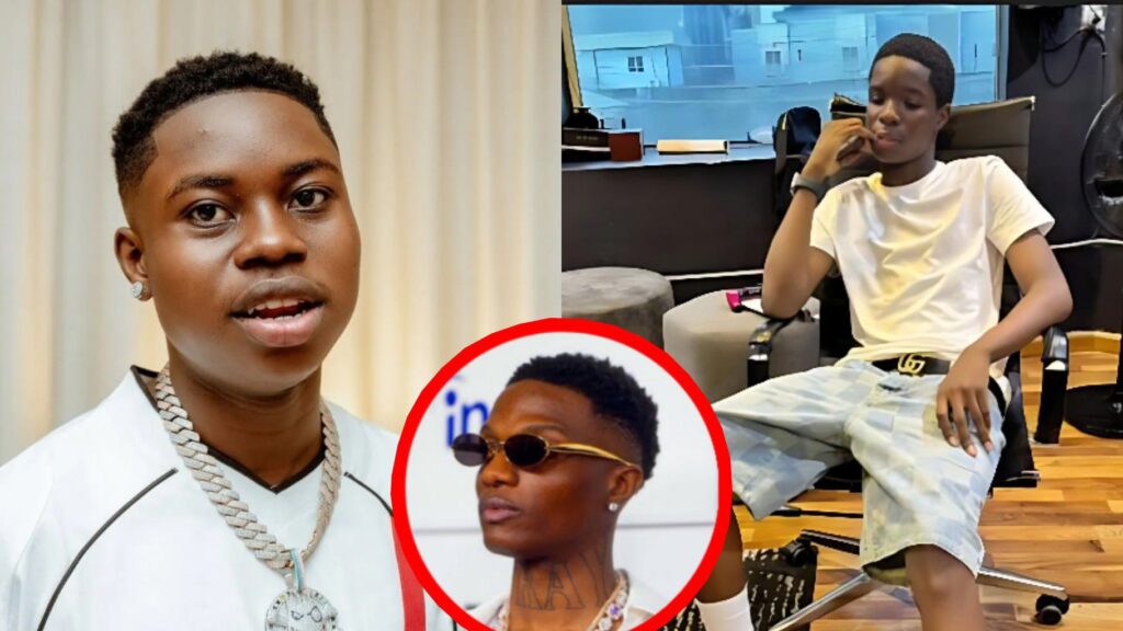 A collage showing TikTok creator Peller on the left, Wizkid’s son Boluwatife seated on the right, and a smaller circular image of Wizkid in sunglasses placed between them.