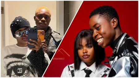 Side-by-side collage showing Nigerian TikTokers Peller and Jarvis posing together; one photo is a mirror selfie with Peller holding a phone and Jarvis in dark glasses and a beanie, while the other shows them in a studio portrait against a red background.