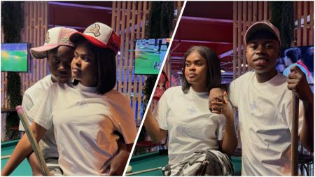 Side-by-side photos of TikTokers Peller and Jarvis posing together at a pool table. In both shots, they wear matching white T-shirts and caps while standing close, with a TV screen showing a football match in the background.