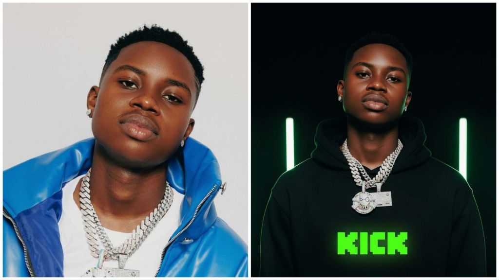 Side-by-side portrait photos of Nigerian TikTok star Peller. In the left image, he wears a blue jacket over a white shirt with layered silver chains. In the right image, he wears a black hoodie with a green “KICK” graphic and bright studio lighting behind him, also styled with heavy silver jewellery.